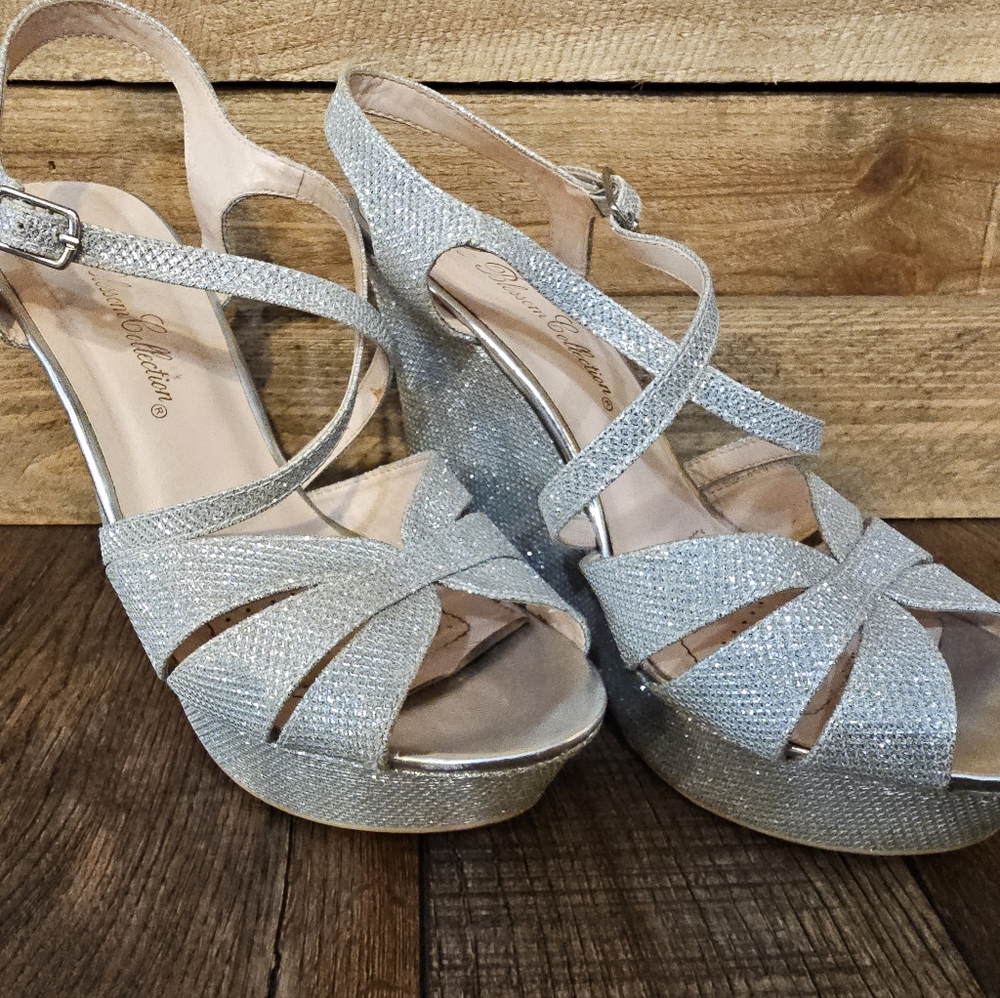 Size 8. De Blossom Collection. Shimmering wedge heels